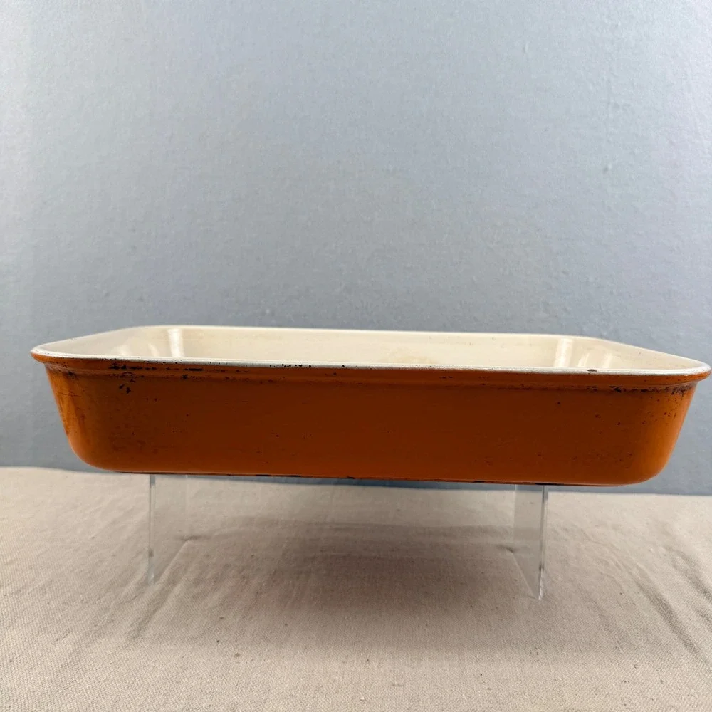 Vintage Le Creuset Flame Orange 15x10 Roasting Pan Folding Handles HTF France‎